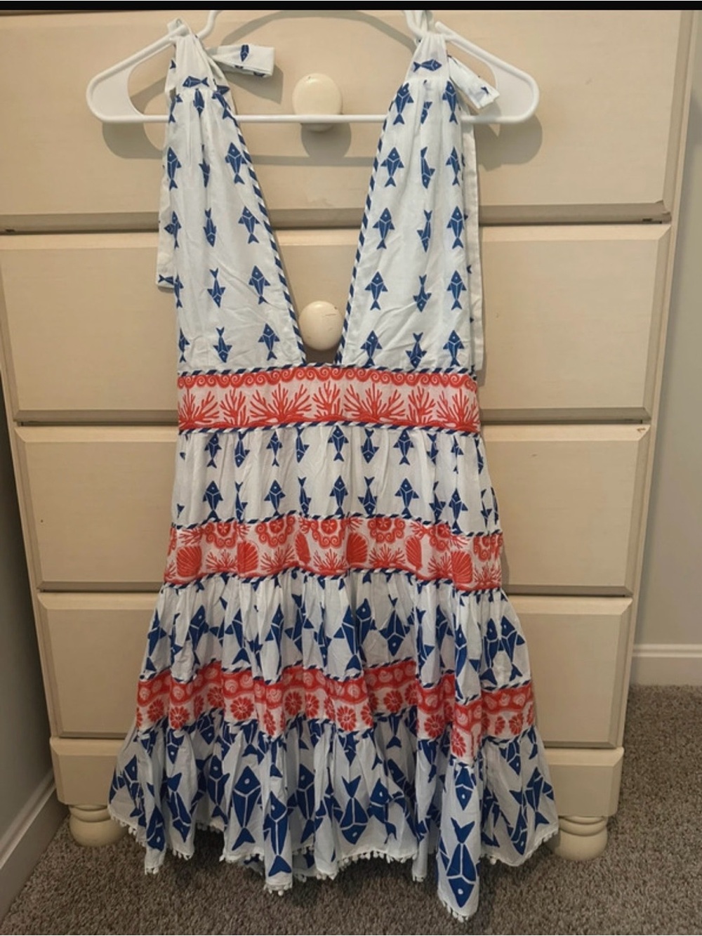 FARM Rio White Dress with Blue Fish and Coral Red Trim NWT